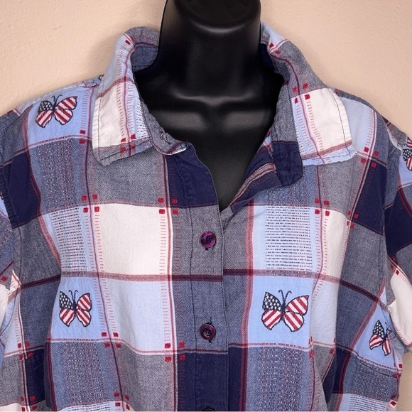 SIZE 26w 28w VINTAGE NORTHCREST RED WHITE BLUE BUTTON FRONT SHORT SLEEVE - Picture 6 of 11